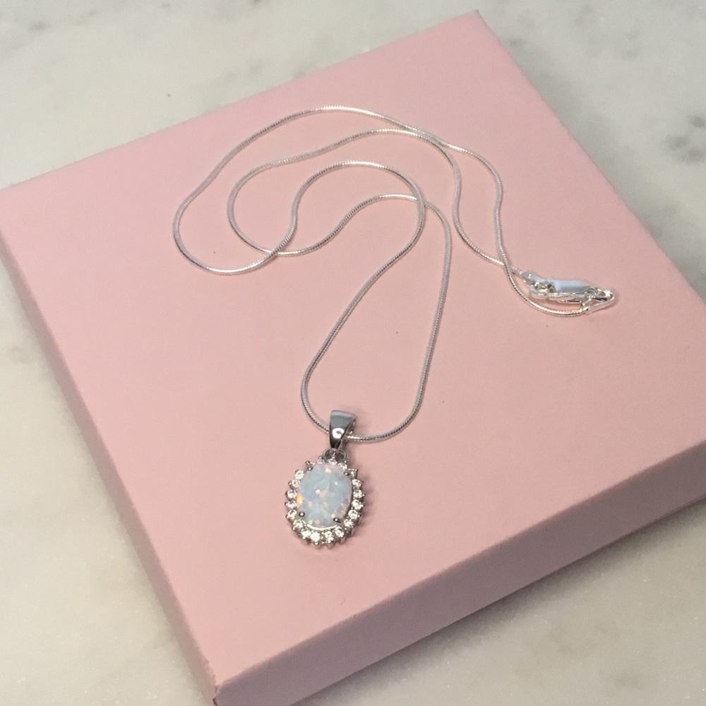 Sterling Silver Lab Created Opal and Cz Necklace - Picture 16 of 16